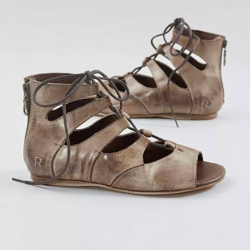 NIB Roan Bed Stu Winnie 7 37 Lace Up Gladiator Distressed Leather Sandal Taupe
